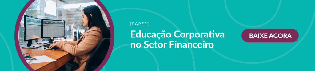 banner verde, com uma imagem dentro de um frame redondo, de profissional mulher trabalhando em um notebook. Ao lado, os dizeres "paper, Educação corporativa no setor financeiro" e ao lado um botão roxo que diz "baixe agora"