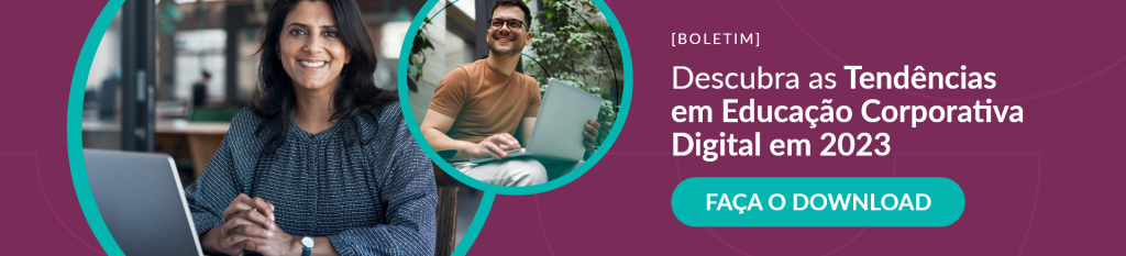 banner roxo, do lado esquerdo, uma mulher e um homem sorrindo enquanto usam o notebook, do lado direito os dizeres "boletim, descubra as tendências em Educação Corporativa Digital em 2023, faça o download"