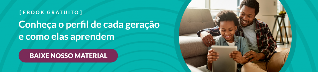 banner verde com os dizeres "ebook gratuito, conheça o perfil de cada geração e como elas aprendem, baixe nosso material"
