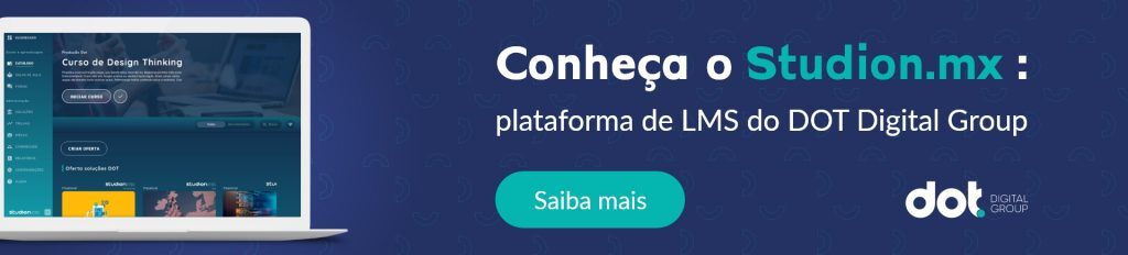 banner azul escuro, à esquerda a imagem de um notebook com o sistema lms studion.mx aberto, à direita os dizeres "conheça o studion.mx: plataforma de LMS do DOT Digital Group, saiba mais"