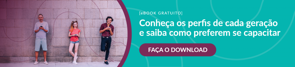 banner verde, do lado esquerdo, três pessoas encostadas em uma parede enquanto mexem no celular, um homem adulto, um homem jovem e uma menina adolescente. do lado direito, os dizeres "ebook gratuito, conheça os perfis de cada geração e saiba como preferem se capacitar, faça o download"