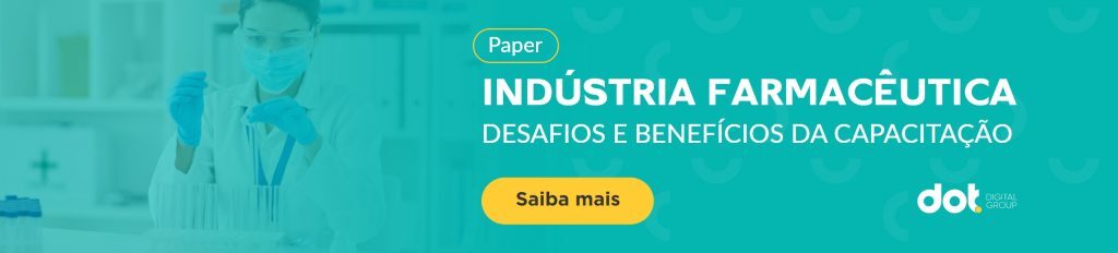 banner verde, com profissional da indústria farmacêutica do lado esquerdo, e do lado direito os dizeres "paper, indústria farmacêutica, desafios e benefícios da capacitação, saiba mais"