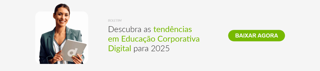 banner com fundo branco e uma mulher branca, vestindo roupa social e segurando um tablet, com botão para baixar o conteúdo rico "Boletim de Tendências em T&D para 2025".
