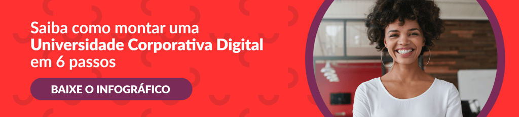 banner vermelho, à esquerda os dizeres "saiba como montar uma Universidade Corporativa Digital em 6 passos, baixe o infográfico" e à direita um círculo com a imagem de uma mulher negra com cabelo cacheado curto, usando blusa branca e brincos de argola grandes e sorrindo, ao fundo um ambiente de escritório
